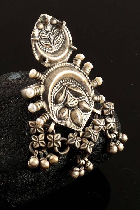 Buy_Palace Of Silver_Silver Plated Oxidized Carved Tassel Ring_Online_at_Aza_Fashions