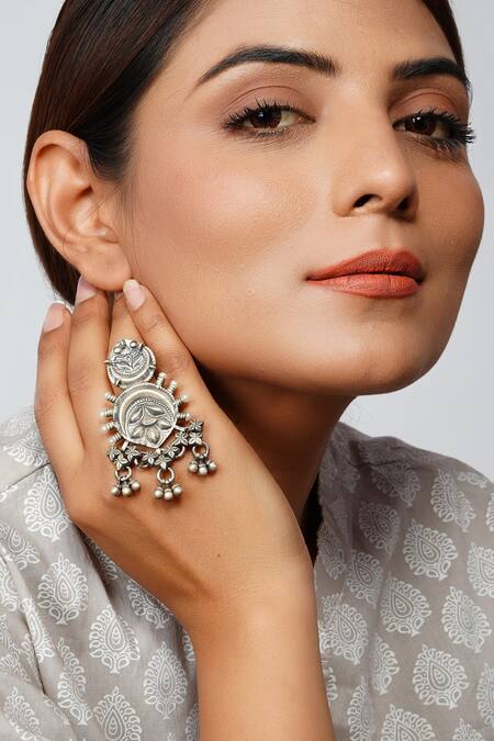 Shop_Palace Of Silver_Silver Plated Oxidized Carved Tassel Ring_Online_at_Aza_Fashions