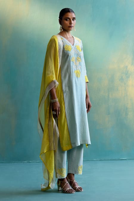 Shivani Bhargava Green Dupatta Kota Silk, Kurta Handwoven Chanderi, Colorblock Embroidered Set 