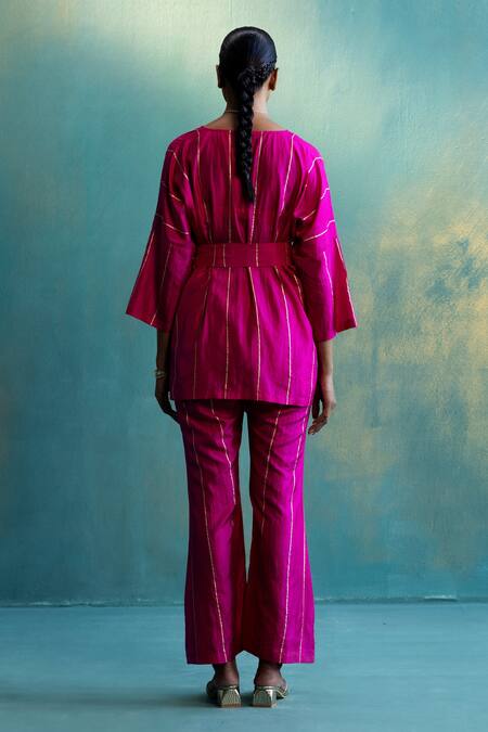 Shop_Shivani Bhargava_Pink Silk Stripe V Neck Print Top And Pant Set_at_Aza_Fashions