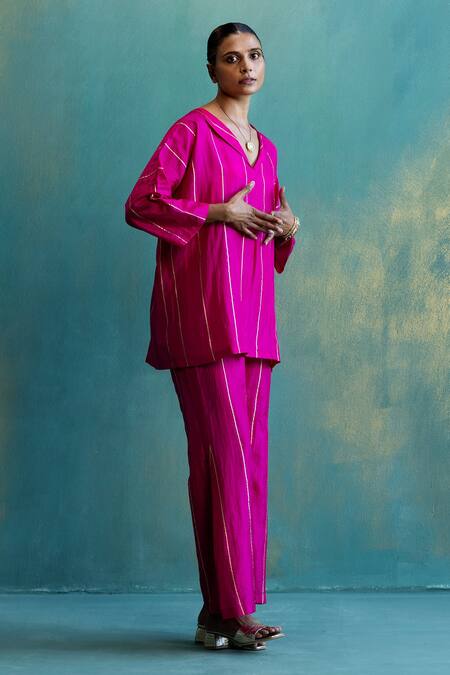 Shivani Bhargava_Pink Silk Stripe V Neck Print Top And Pant Set_Online_at_Aza_Fashions
