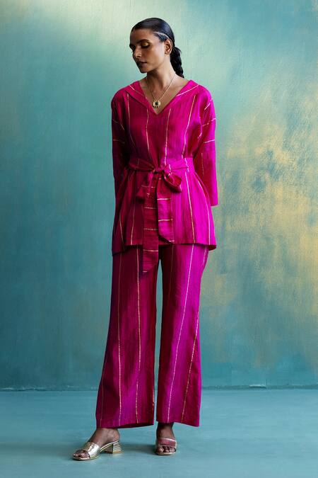 Buy_Shivani Bhargava_Pink Silk Stripe V Neck Print Top And Pant Set_Online_at_Aza_Fashions