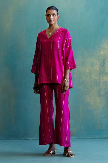 Shop_Shivani Bhargava_Pink Silk Stripe V Neck Print Top And Pant Set_Online_at_Aza_Fashions