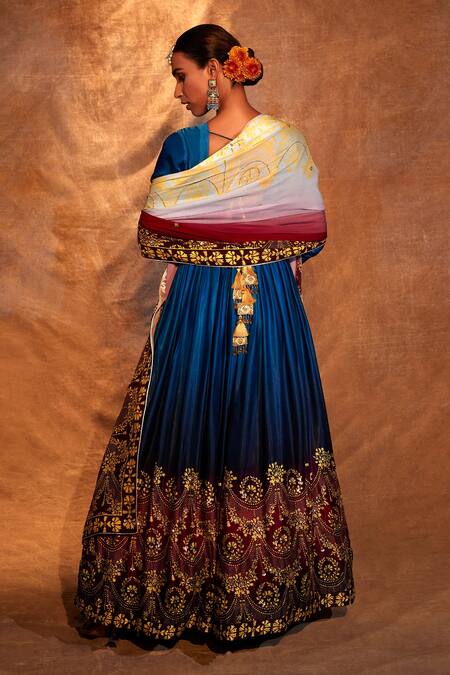 Shop_The Royaleum_Blue Anarkali Gajji Silk, Dupatta Crepe Damask Print, Pearls Maahika With _at_Aza_Fashions