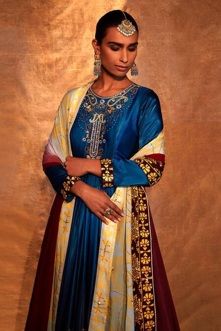 The Royaleum_Blue Anarkali Gajji Silk, Dupatta Crepe Damask Print, Pearls Maahika With _Online_at_Aza_Fashions