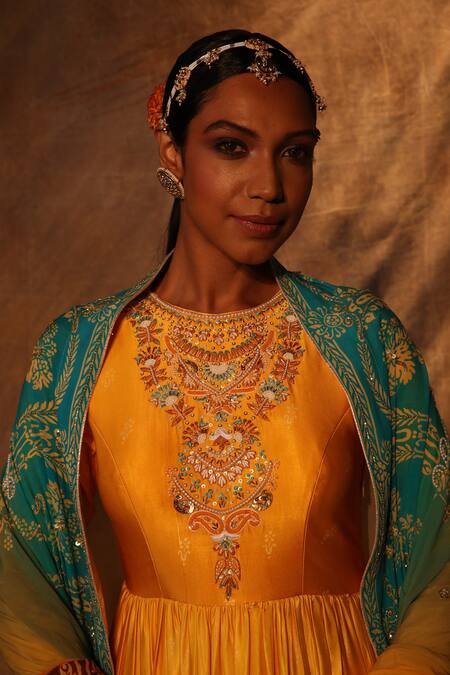 The Royaleum_Yellow Anarkali Gajji Silk, Dupatta Crepe Floral Print, Resham And Yamika With_Online_at_Aza_Fashions