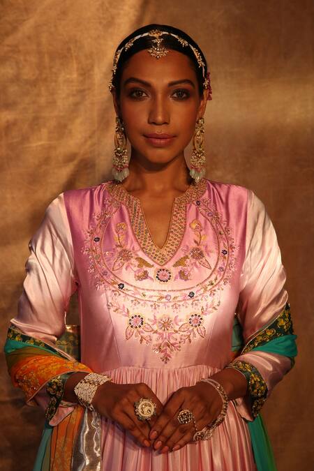 The Royaleum_Purple Anarkali Gajji Silk, Dupatta Crepe Floral Print, Gold Paridhi With_Online_at_Aza_Fashions