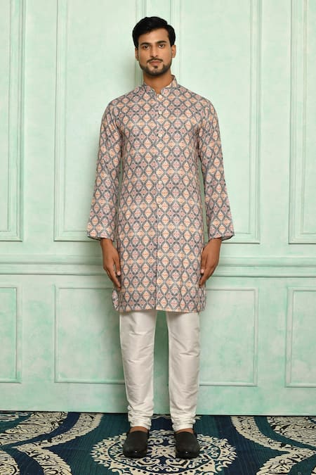 Arihant Rai Sinha_Grey Cotton Geometric Pattern Kurta _Online_at_Aza_Fashions