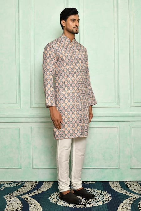 Buy_Arihant Rai Sinha_Grey Cotton Geometric Pattern Kurta _Online_at_Aza_Fashions