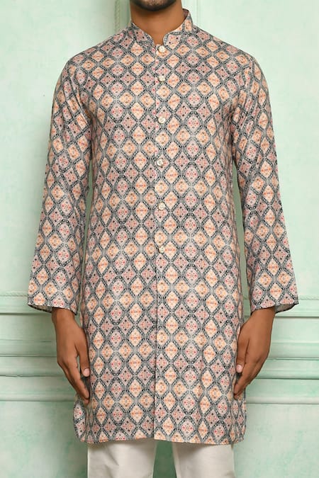 Shop Arihant Rai Sinha Grey Cotton Geometric Pattern Kurta Online at Aza Fashions Shop_Arihant Rai Sinha_Grey Cotton Geometric Pattern Kurta _Online_at_Aza_Fashions