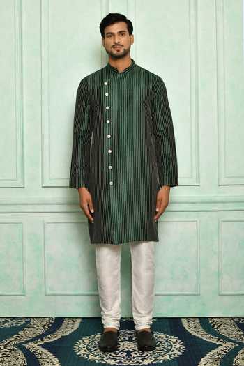Adara Khan_Green Silk Linear Pattern Asymmetric Placket Kurta And Churidar _Online_at_Aza_Fashions