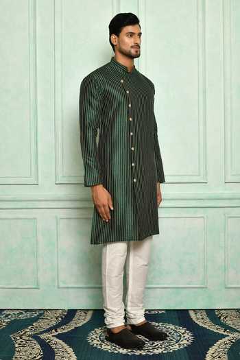 Buy_Adara Khan_Green Silk Linear Pattern Asymmetric Placket Kurta And Churidar _Online_at_Aza_Fashions