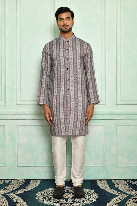 Arihant Rai Sinha_Grey Cotton, , Chanderi Embroidery Floral Pattern Kurta Set_Online_at_Aza_Fashions
