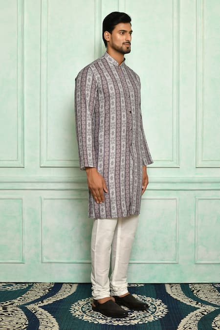 Buy_Arihant Rai Sinha_Grey Cotton, , Chanderi Embroidery Floral Pattern Kurta Set_Online_at_Aza_Fashions