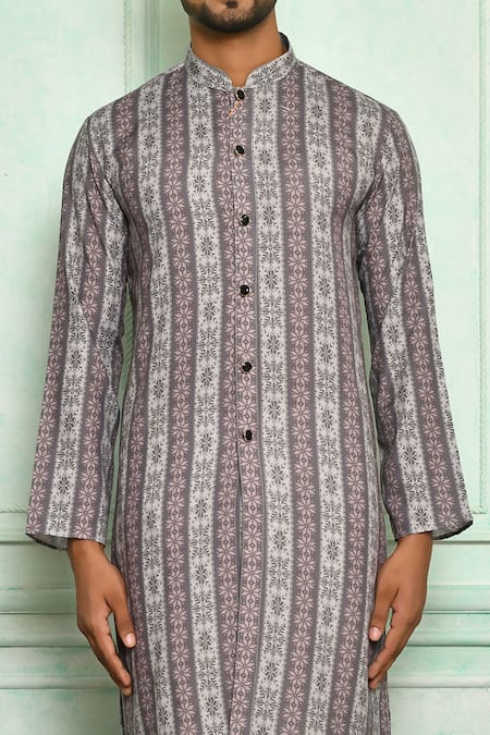 Shop_Arihant Rai Sinha_Grey Cotton, , Chanderi Embroidery Floral Pattern Kurta Set_Online_at_Aza_Fashions