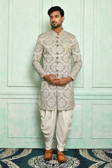 Adara Khan Grey Sherwani Brocade Floral Pattern And Dhoti Pant Set