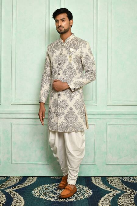 Buy Grey Sherwani Brocade Floral Pattern And Dhoti Pant Set For