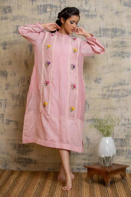 Dhaari Pink Cotton Silk High Neck Embroidered Dress 