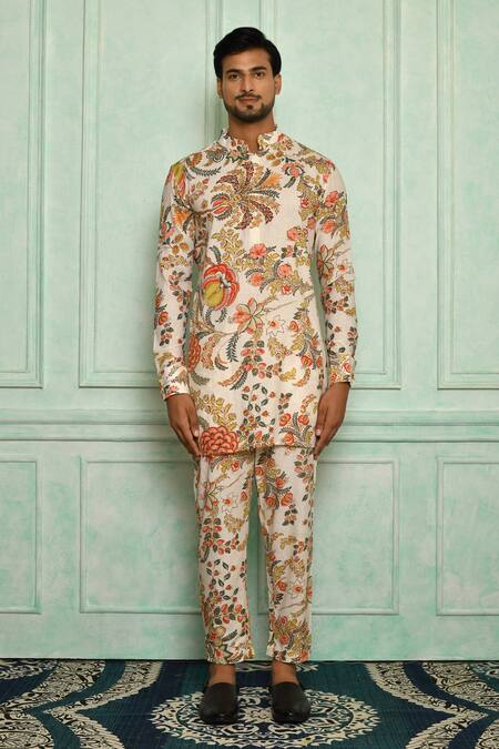 Shop Pranay Baidya White Cotton Mughal Floral Print Short Kurta Online at Aza Fashions Shop_Pranay Baidya_White Cotton Mughal Floral Print Short Kurta _Online_at_Aza_Fashions