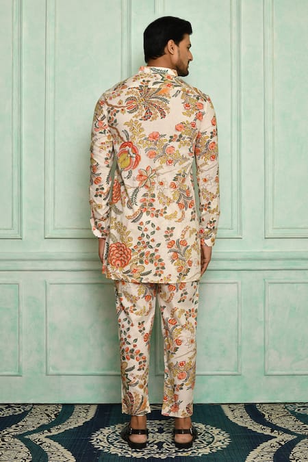 Shop Pranay Baidya White Cotton Mughal Floral Print Short Kurta at Aza Fashions Shop_Pranay Baidya_White Cotton Mughal Floral Print Short Kurta _at_Aza_Fashions