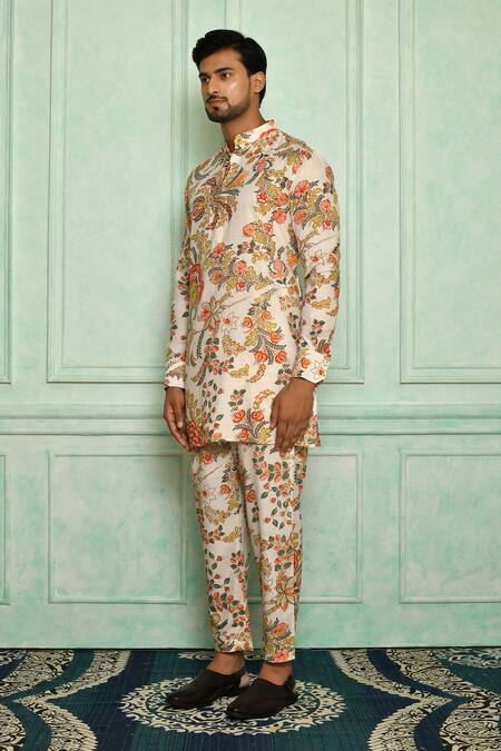 Pranay Baidya White Cotton Mughal Floral Print Short Kurta Online at Aza Fashions Pranay Baidya_White Cotton Mughal Floral Print Short Kurta _Online_at_Aza_Fashions