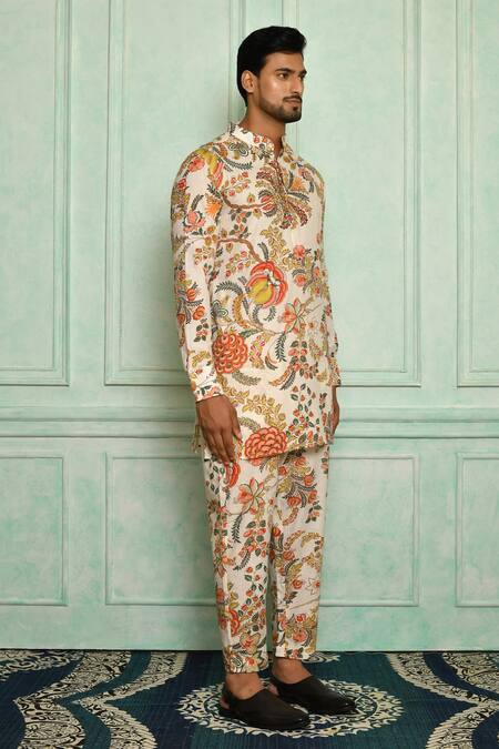 Buy Pranay Baidya White Cotton Mughal Floral Print Short Kurta Online at Aza Fashions Buy_Pranay Baidya_White Cotton Mughal Floral Print Short Kurta _Online_at_Aza_Fashions