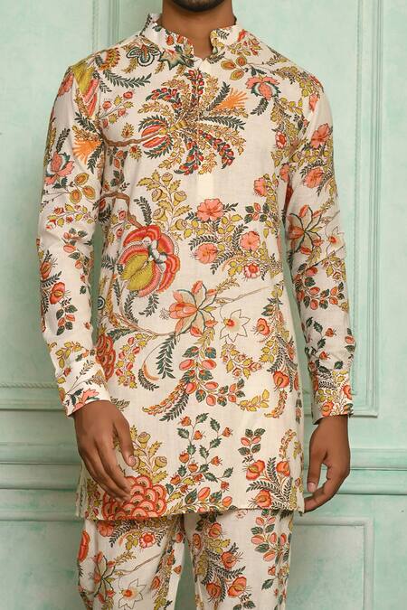 Pranay Baidya White Cotton Mughal Floral Print Short Kurta at Aza Fashions Pranay Baidya_White Cotton Mughal Floral Print Short Kurta _at_Aza_Fashions