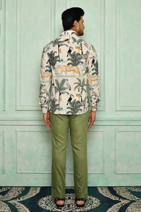 Shop Pranay Baidya Green Malai Cotton Straight-fit Pant at Aza Fashions Shop_Pranay Baidya_Green Malai Cotton Straight-fit Pant _at_Aza_Fashions