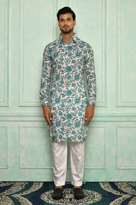 Shop Pranay Baidya Blue , Malai Jaali Print Kurta Set Online at Aza Fashions Shop_Pranay Baidya_Blue , Malai Jaali Print Kurta Set _Online_at_Aza_Fashions