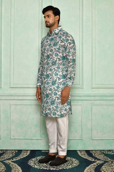 Pranay Baidya Blue , Malai Jaali Print Kurta Set Online at Aza Fashions Pranay Baidya_Blue , Malai Jaali Print Kurta Set _Online_at_Aza_Fashions
