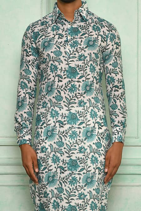 Pranay Baidya Blue , Malai Jaali Print Kurta Set at Aza Fashions Pranay Baidya_Blue , Malai Jaali Print Kurta Set _at_Aza_Fashions