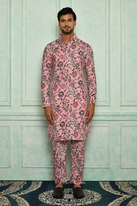 Shop Pranay Baidya Pink Cotton Jaali Print Kurta Set Online at Aza Fashions Shop_Pranay Baidya_Pink Cotton Jaali Print Kurta Set _Online_at_Aza_Fashions