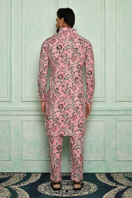 Shop Pranay Baidya Pink Cotton Jaali Print Kurta Set at Aza Fashions Shop_Pranay Baidya_Pink Cotton Jaali Print Kurta Set _at_Aza_Fashions