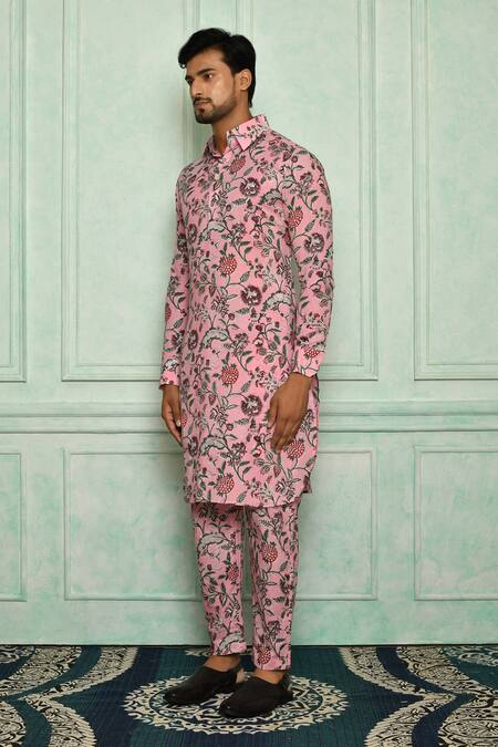 Pranay Baidya Pink Cotton Jaali Print Kurta Set Online at Aza Fashions Pranay Baidya_Pink Cotton Jaali Print Kurta Set _Online_at_Aza_Fashions