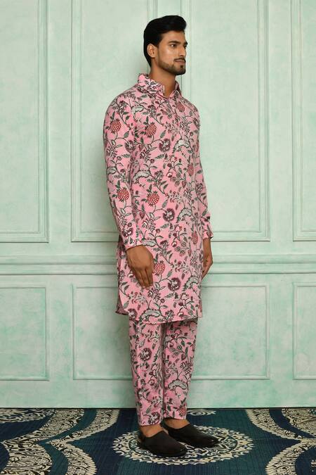 Buy Pranay Baidya Pink Cotton Jaali Print Kurta Set Online at Aza Fashions Buy_Pranay Baidya_Pink Cotton Jaali Print Kurta Set _Online_at_Aza_Fashions