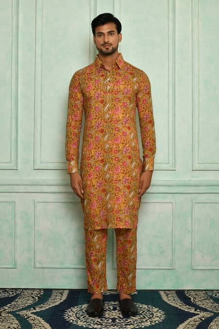 Shop Pranay Baidya Yellow Cotton Jaali Print Kurta Set Online at Aza Fashions Shop_Pranay Baidya_Yellow Cotton Jaali Print Kurta Set _Online_at_Aza_Fashions