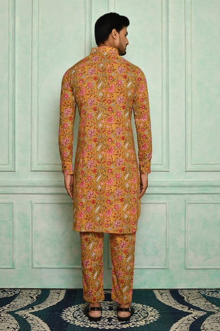 Shop Pranay Baidya Yellow Cotton Jaali Print Kurta Set at Aza Fashions Shop_Pranay Baidya_Yellow Cotton Jaali Print Kurta Set _at_Aza_Fashions