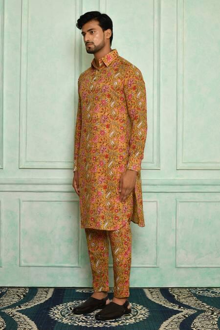 Pranay Baidya Yellow Cotton Jaali Print Kurta Set Online at Aza Fashions Pranay Baidya_Yellow Cotton Jaali Print Kurta Set _Online_at_Aza_Fashions