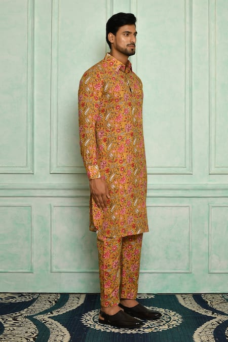 Buy Pranay Baidya Yellow Cotton Jaali Print Kurta Set Online at Aza Fashions Buy_Pranay Baidya_Yellow Cotton Jaali Print Kurta Set _Online_at_Aza_Fashions