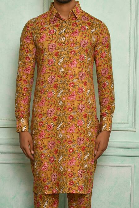 Pranay Baidya Yellow Cotton Jaali Print Kurta Set at Aza Fashions Pranay Baidya_Yellow Cotton Jaali Print Kurta Set _at_Aza_Fashions