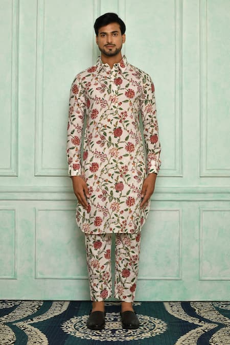 Buy Pranay Baidya White Cotton Jaali Print Kurta Set Online at Aza Fashions Buy_Pranay Baidya_White Cotton Jaali Print Kurta Set _Online_at_Aza_Fashions