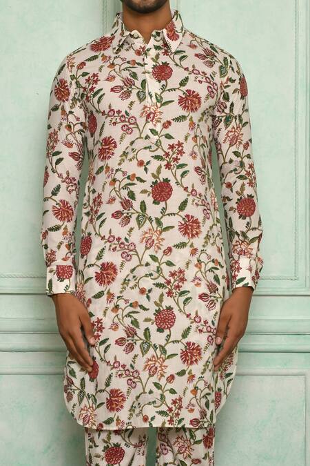 Shop Pranay Baidya White Cotton Jaali Print Kurta Set Online at Aza Fashions Shop_Pranay Baidya_White Cotton Jaali Print Kurta Set _Online_at_Aza_Fashions