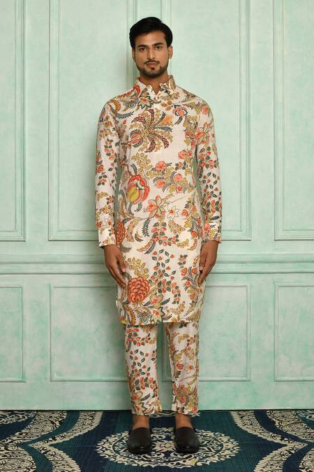 Shop Pranay Baidya White Cotton Floral Print Kurta Set Online at Aza Fashions Shop_Pranay Baidya_White Cotton Floral Print Kurta Set _Online_at_Aza_Fashions