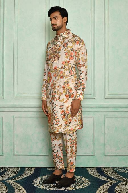 Pranay Baidya White Cotton Floral Print Kurta Set Online at Aza Fashions Pranay Baidya_White Cotton Floral Print Kurta Set _Online_at_Aza_Fashions