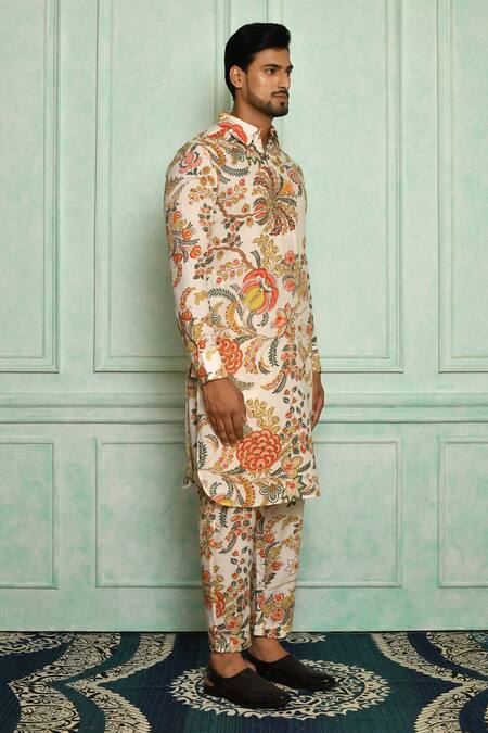 Buy Pranay Baidya White Cotton Floral Print Kurta Set Online at Aza Fashions Buy_Pranay Baidya_White Cotton Floral Print Kurta Set _Online_at_Aza_Fashions