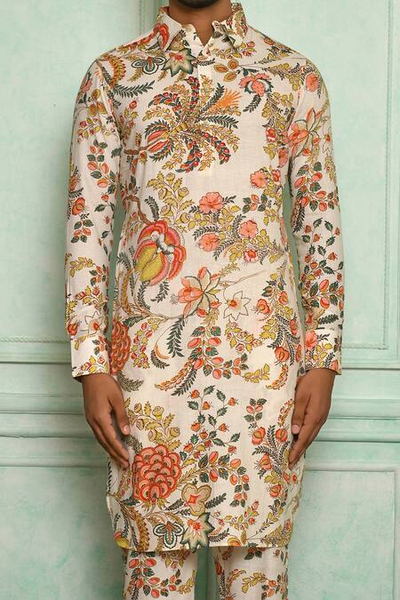 Pranay Baidya White Cotton Floral Print Kurta Set at Aza Fashions Pranay Baidya_White Cotton Floral Print Kurta Set _at_Aza_Fashions