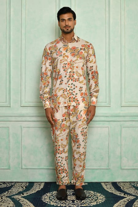 Shop Pranay Baidya White Cotton Floral Print Shirt Online at Aza Fashions Shop_Pranay Baidya_White Cotton Floral Print Shirt _Online_at_Aza_Fashions