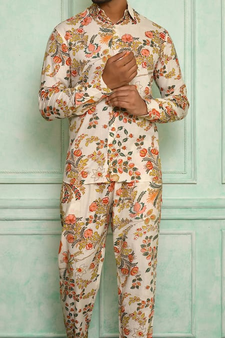 Pranay Baidya White Cotton Floral Print Shirt at Aza Fashions Pranay Baidya_White Cotton Floral Print Shirt _at_Aza_Fashions