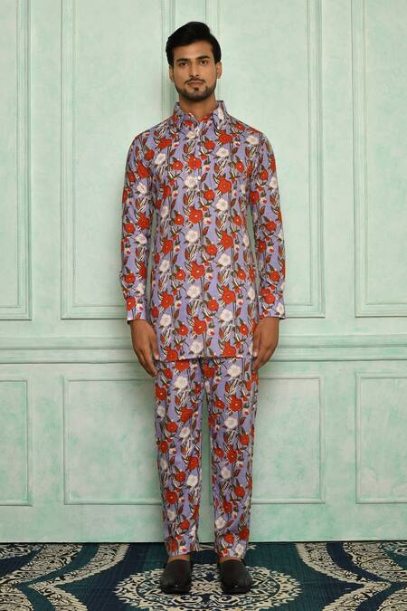 Buy_Pranay Baidya_Purple Cotton Printed Floral Kurta Set _Online_at_Aza_Fashions