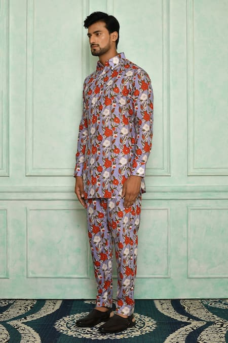 Pranay Baidya_Purple Cotton Printed Floral Kurta Set _Online_at_Aza_Fashions
